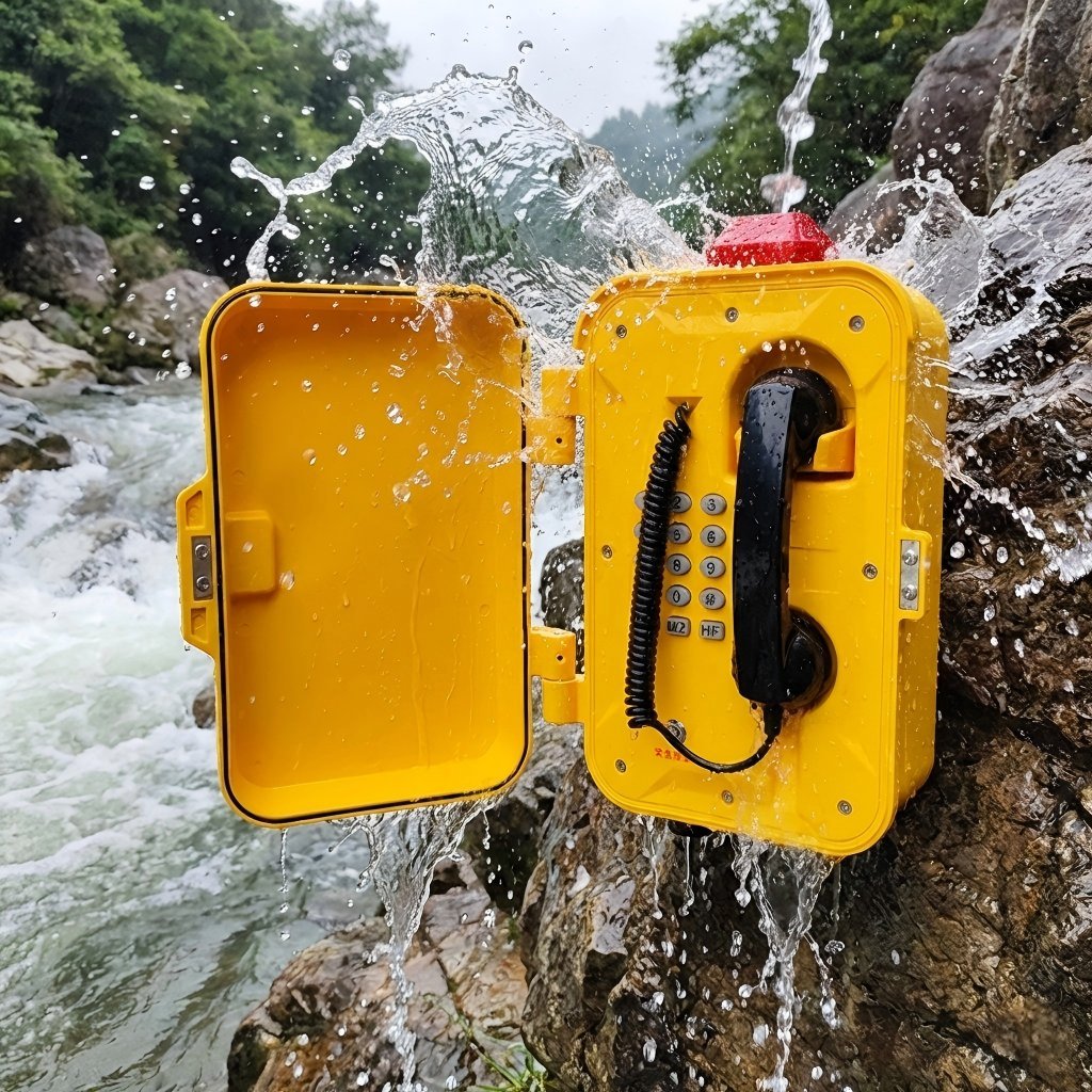 Waterproof industrial telephone being sprayed with water