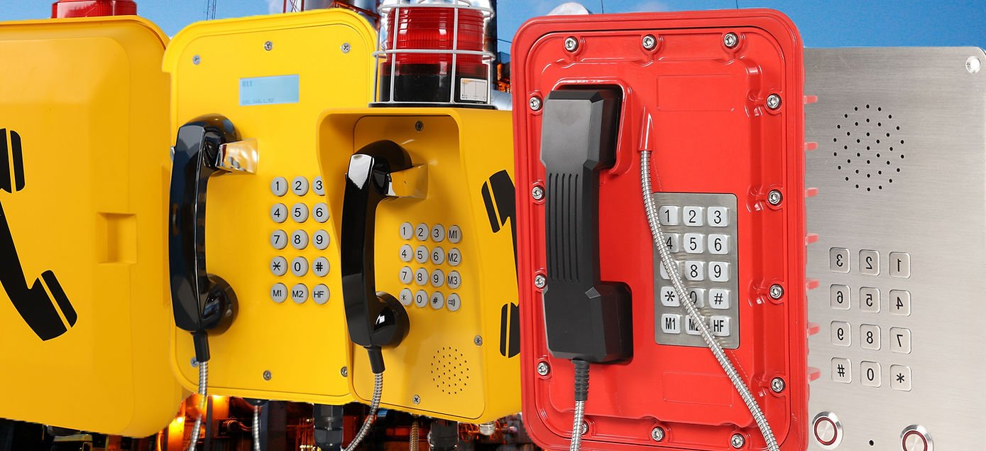 Safecom weatherproof, explosion-proof and cleanroom emergency telephones in yellow, red and stainless steel