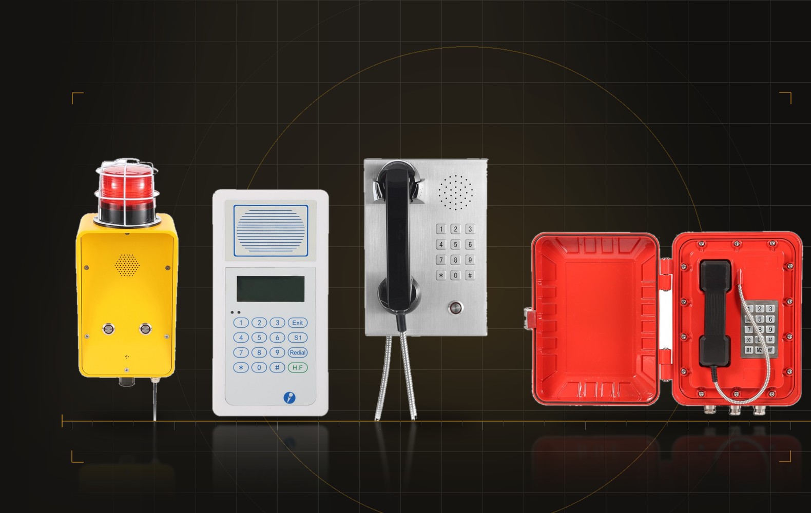 Safecom industrial telephones: a yellow waterproof emergency phone, a white cleanroom phone, a stainless intercom and a red explosion-proof telephone.