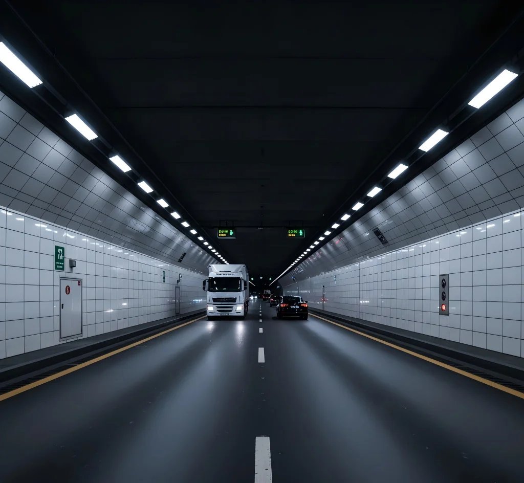 Underground utility corridor with pipework and walkway