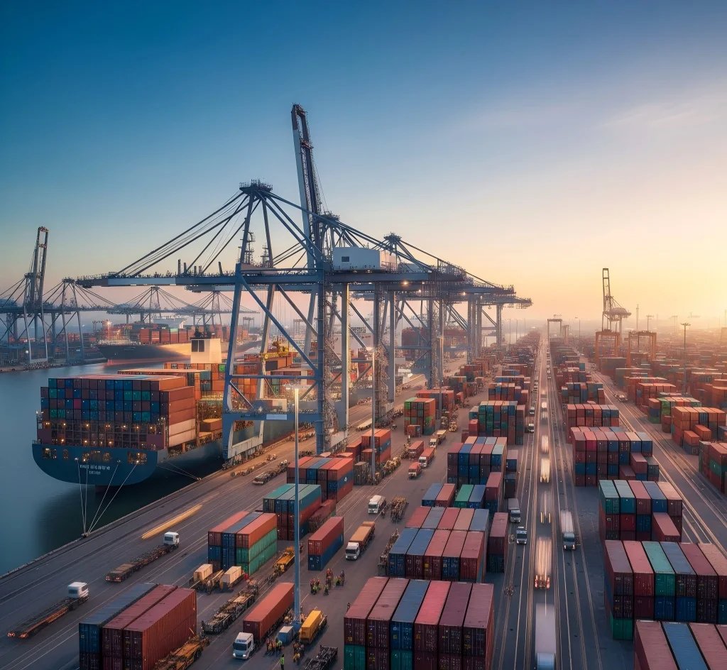 Port terminal with cranes and shipping containers