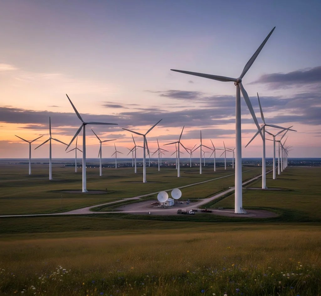 Wind turbines across an open landscape